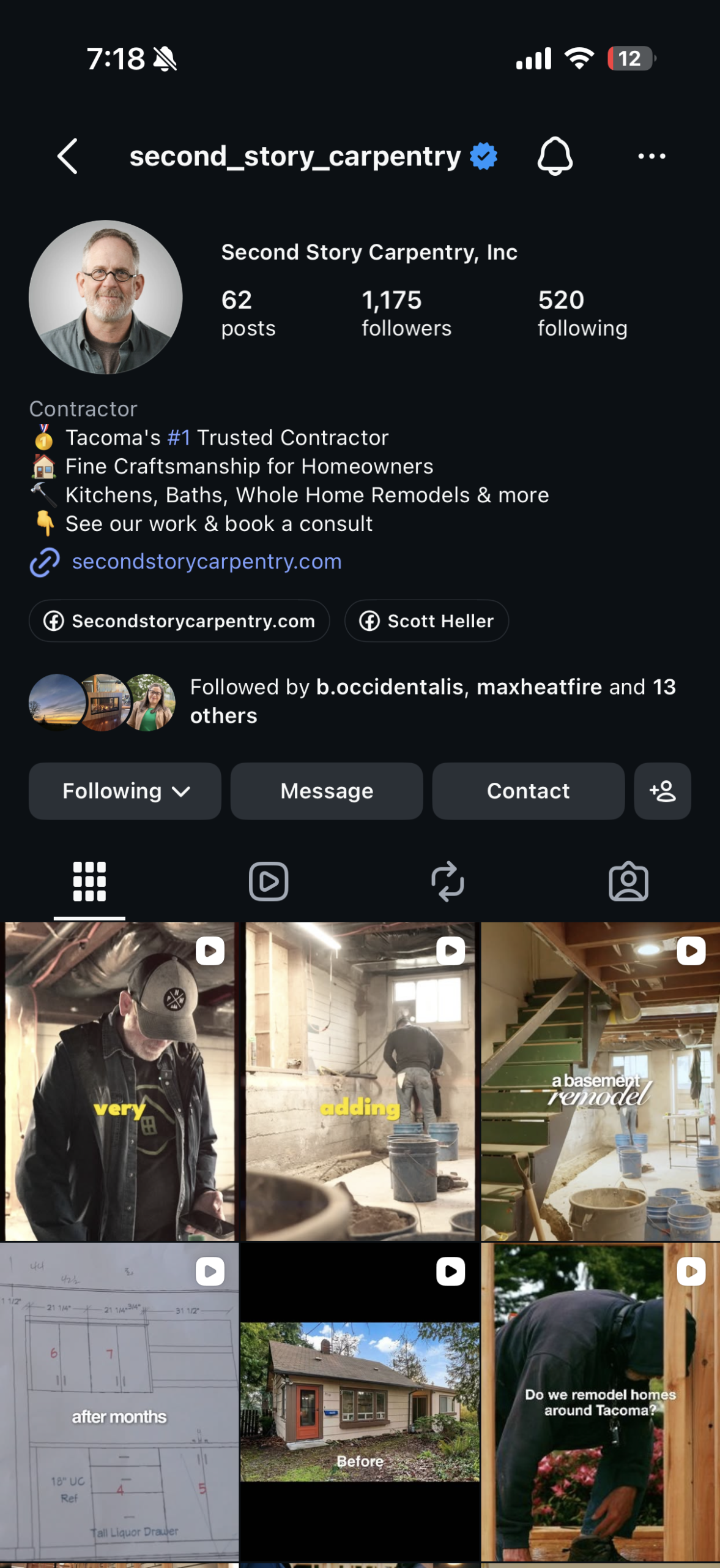 Second Story Carpentry Instagram profile with 1,175 followers