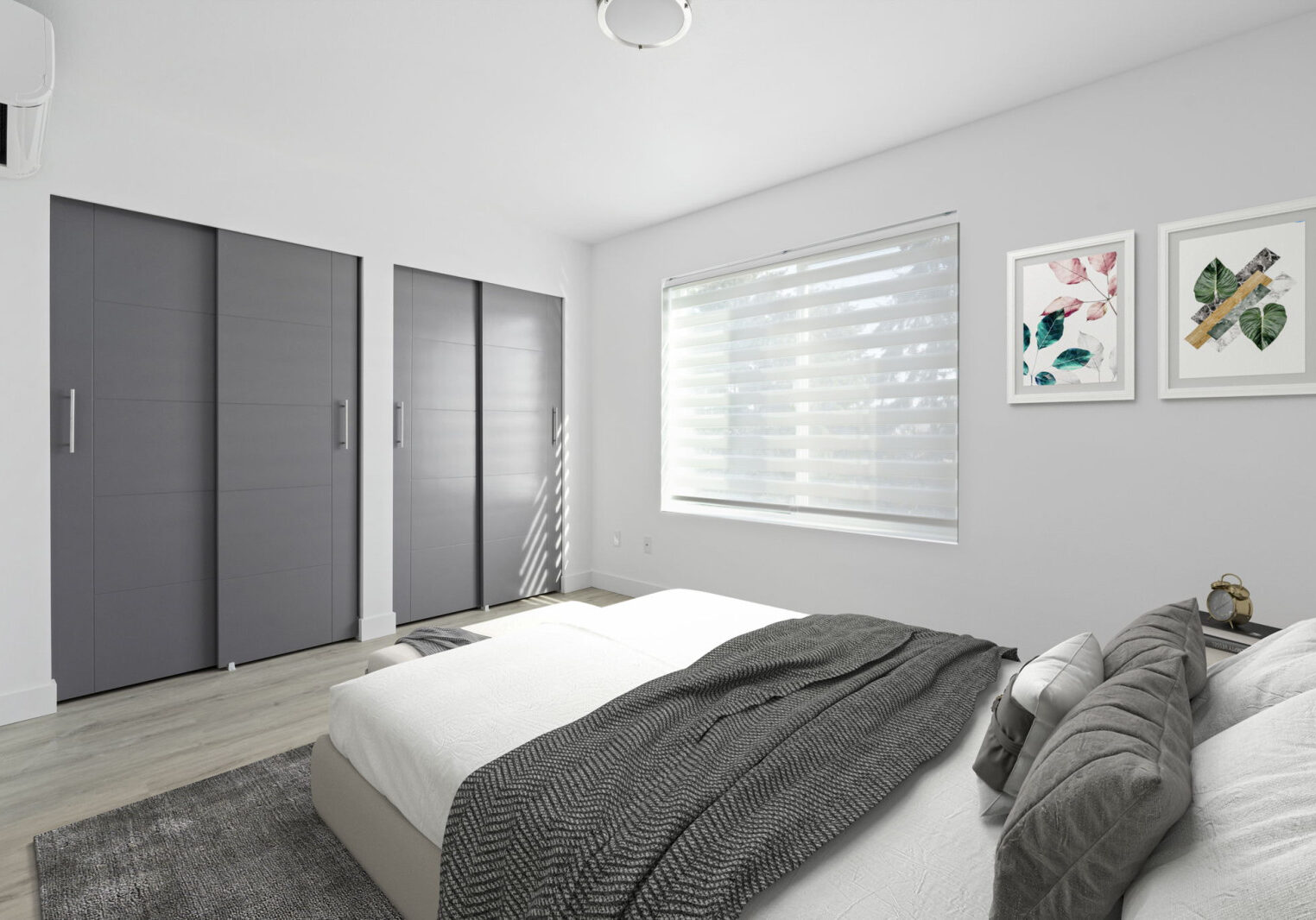 Virtual Staging Solutions transformed a bedroom into a serene space, featuring a white bed and grey closets.